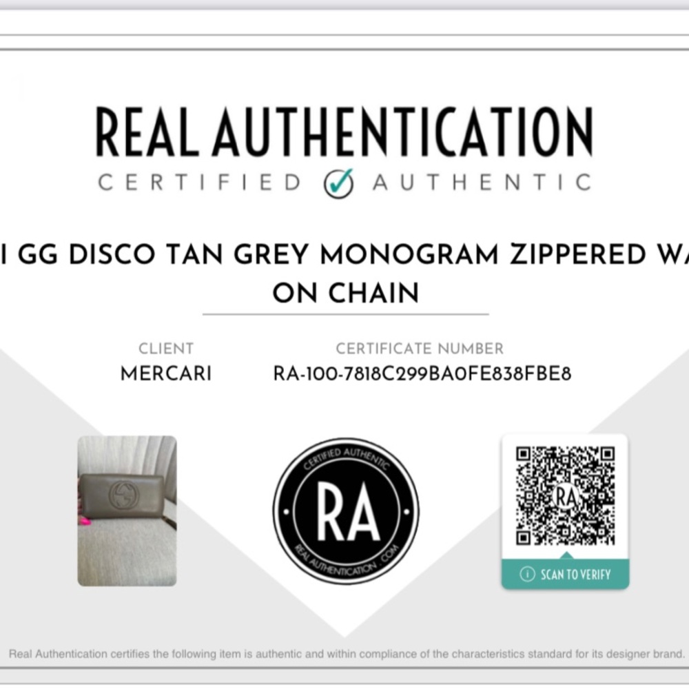 💯 GUCCI GG Disco Tan Grey Monogram Zippered Wallet on Chain w/ auth cert - Picture 9 of 12